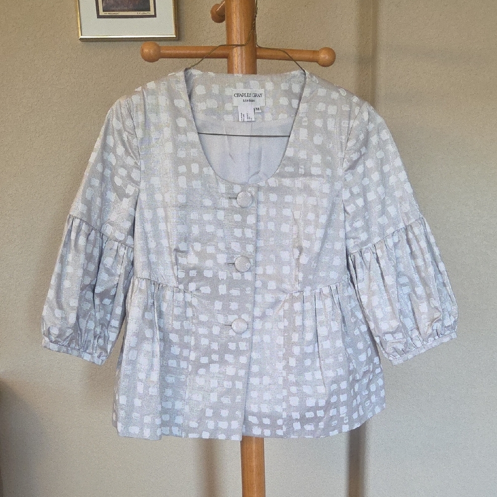 Charkes Gray Cropped Peplum Jacket with Balloon Sleeves, Medium